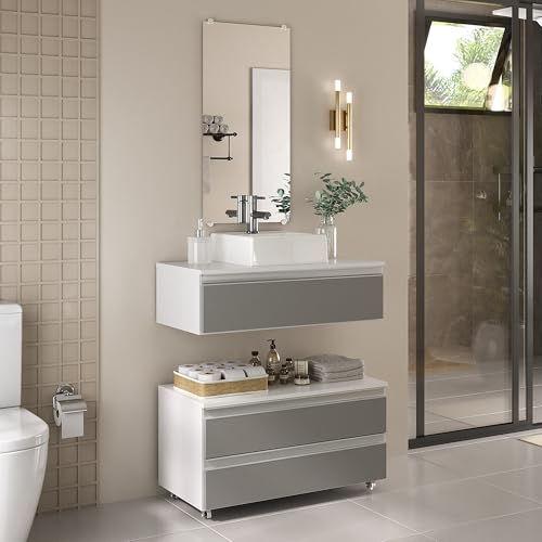 Gabinete Banheiro Creta 80cm (02 armários + cuba + espelho) (Bran...