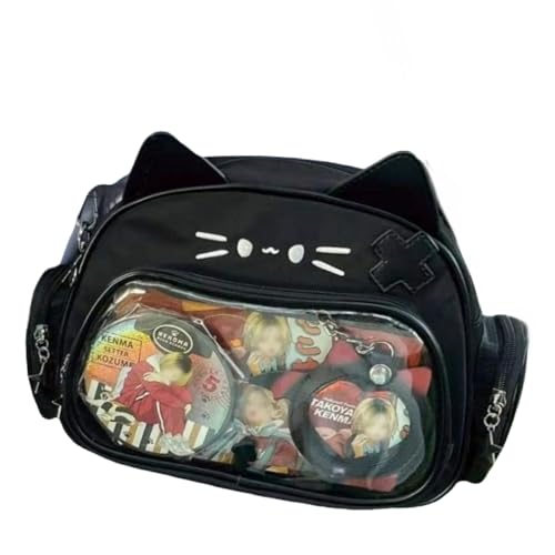 Mochila Cat Ita para escola de couro sintético para meninas Y2K, bolsa tiracolo de ombro único, Preto, Medium, Kawaii