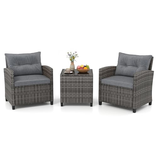 GIANTEX Rattan Gartenmöbel Set, Balkonmöbel Kleiner Balkon, Lounge Gartenmöbel Set, Balkon Möbel für 2 Personen, Gartenlounge Set 2 Sessel & Tisch, 3 tlg. Gartensitzgruppe inkl. Sitz- und Rückenkissen