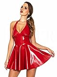 FASHION QUEEN Women's Sexy Black & Red Halter PVC Mini Dress Side Zip Backless Clubwear (L, Red)