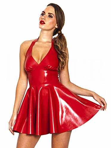 FASHION QUEEN Women's Sexy Black & Red Halter PVC Mini Dress Side Zip Backless Clubwear (L, Red)