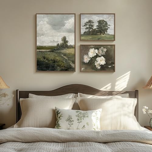3 Piece Framed Vintage Canvas Wall Art Set, Large Green Floral and Tree Landscape Farmhouse Painting Print, French Country Retro Flower Artwork Decor for Living Room, Bedroom and Fireplace 3 Piece Framed Vintage Canvas Wall Art Set, Large Green Floral and Tree Landscape Farmhouse Painting Print, French Country Retro Flower Artwork Decor for Living Room, Bedroom and Fireplace