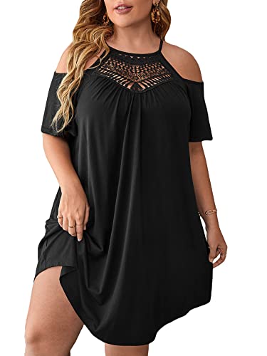 Verdusa Women's Plus Size Dresses Summer Contrast Lace Cold Shoulder Short Sleeve Loose Casual T Shirt Dress