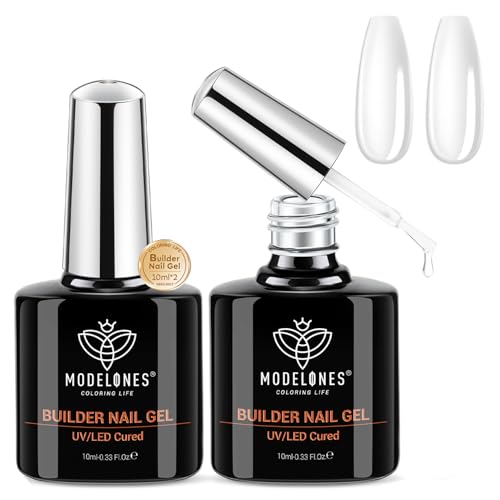 Modelones Builder Nail Gel Set, 2 Pcs 10ml Clear Gel Builder for Nail Thickening, Nail Strengthener Apex Building Extension Gel Rhinestone Nail Glue Gel in a Bottle, LED Nail Lamp Cured Hard Gel
