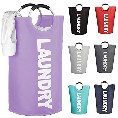 Image of Mziart 90L Large Collapsible Laundry Basket with Padded Handles, Heavy Duty Oxford Fabric Laundry Hamper Tall Laundry Bag Foldable Laundry Bin Storage Organizer for Nursery Bedroom College Dorm-Purple