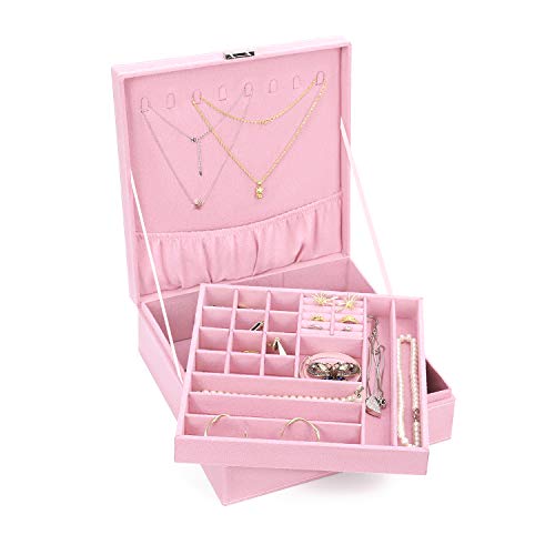 Mosiso Jewelry Box, Jewelry Storage Case Organizer Stackable Double Layer Lockable Display For Women Velvet Necklace Earring Bracelet Ring Watch Brooch Holder, Pink #TOP4
