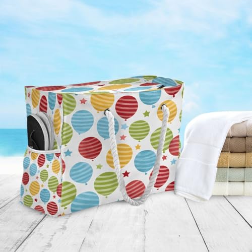 Large Beach Bags Totes Canvas Tote Shoulder Bag Striped Balloons Water Resistant Bags for Gym Travel Daily 5