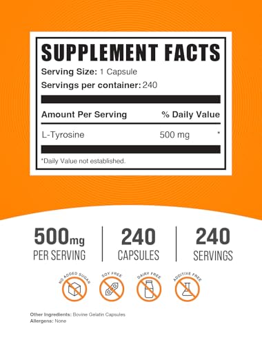 BulkSupplements.com L-Tyrosine 500mg Capsules - Tyrosine Supplement, Amino Acid Supplement - Gluten Free, 1 Capsule per Serving, 240 Capsules (Pack of 1) - Thumbnail 2