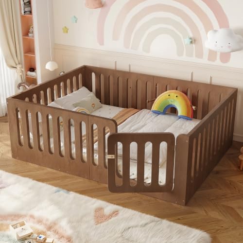 KEIKI Full Size Wood Montessori Floor Bed Frame with High Fence, Natural by KEIKI - Used condition - US$214.25