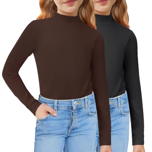 Image of Arshiner Girls 2 Pack Mock Turtleneck Long Sleeve Shirts Slim Fit Layer Top