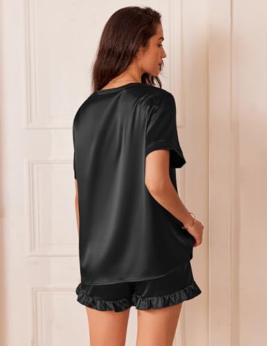 Image of Ekouaer Satin Pajamas for Women Short Sleeve Silk Sleepwear 2 Piece Pjs Set with Ruffled Shorts Casual Loungewear