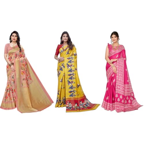 Image of Yashika Women's Sarees Women's Combo Art Silk Printed Saree With Unstitched Blouse Piece |saree for Women | saree combo | New Sari | Saree Pack Of 3