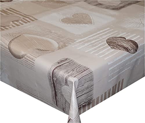 Plain Wooden Brown Beige Hearts PVC Tablecloth White Natural Wood Effect Patchwork Love Hearts PVC Plastic Vinyl Oilcloth Wipe Clean Table Cloth Protector (180cm x 140cm Rectangle 71" x 54" inches)