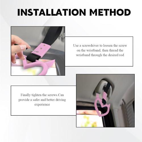 Image of 2PCS Heart shaped Car Handle Straps, Heart Car Accessories, Ring Hearts Shaped Cars Hand Strap Drift Charm, Universal Handle Keychains Accessory Suitable for Cars Bus (Pink+black)