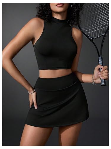 OYOANGLE Women's 2 Piece Tennis Skirt Sets Solid Crop Top Mini Pleated Golf Skorts Skirts Athletic Pickleball Outfit3