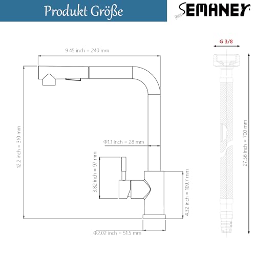 Hochdruck Wasserhahn Küche ausziehbar, SEMANEY 2 Modi Küchenarmatur mit Brause Ausziehbar, 360° Schwenkbar Spültischarmatur Mischbatterie Küche, L Form Einhebelmischer Armatur Küche, Gebürstet