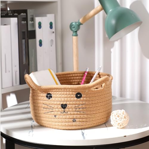 Zopeal Cat Basket Storage Woven Organizer with Ears Christmas Decorative Pet Toy Cute Cotton Rope Basket for Gift Cat Dog Toy Bin Nursery Room(8.3 x 4.7 Inch,Khaki)