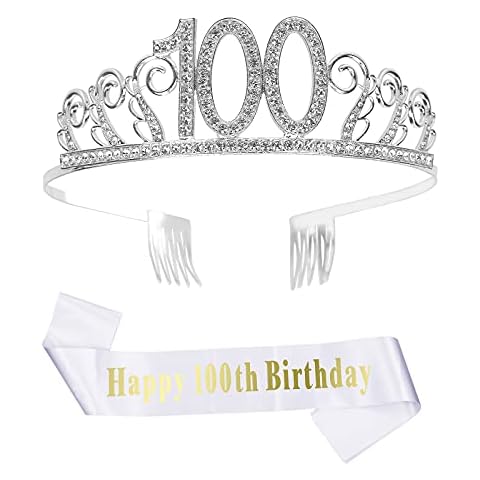 LOPOTIN 100th Birthday Crown 100 Crystal Tiara and Sash Glitter Rhinestone Birthday Headband Silver Hairbands White Happy 100 Birthday Sash for Party Supplies Gift Favor Cake Topper Decoration Cover