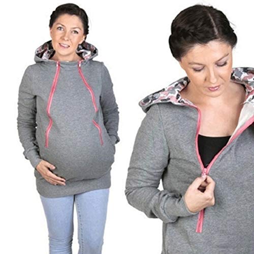 Mujeres maternidad bolsa de bebé portador rayas sudadera con capucha canguro cremallera embarazo abrigo de manga larga guardería bolso otoño invierno cálido sudadera-3-L