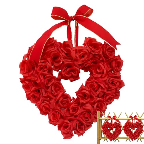 Heart Wreath | 15.75inch Artificial Red Rose Love Hangable Decorations | Valentines Day Heart Wreath | for Holiday Wedding Front Door Porch Garden Home Party Outdoor Patio Wall Window