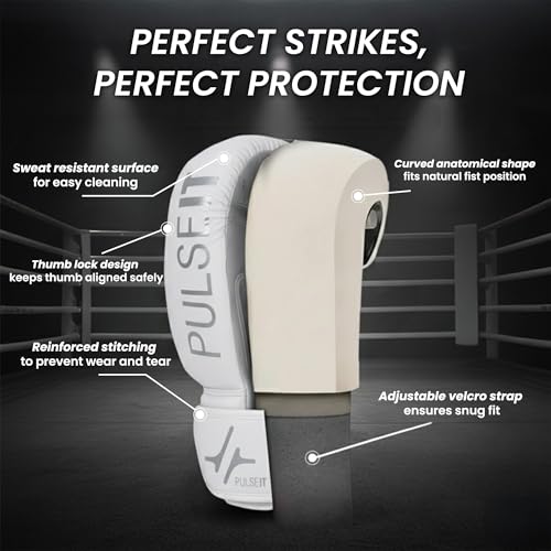 Image of Pulseit Knockout Boxing Gloves for Men & Women | Premium PU Leather | Training, Sparring, Kickboxing, Muay Thai & MMA | Multi-Layer Foam Padding, Wrist Support, Breathable (White)