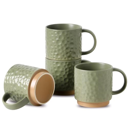 Nihow 16OZ Stackable Coffee Mug Set, Large Ceramic Coffee Mug Set of 4,Coffee Cup Set for Cappuccino/Latte/Cocoa,Dishwasher & Microwave Safe, Matte Green