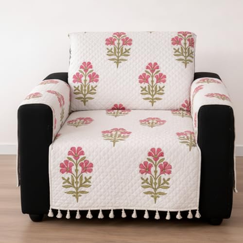Image of House of Quirk IKATRA Series Quilted Printed Sofa Cover for Indian Sofa Set with Side Pocket - Premium Washable, Anti-Slip, Durable & Ultra Soft Fabric Protector (Ivory Phool, One Seater)