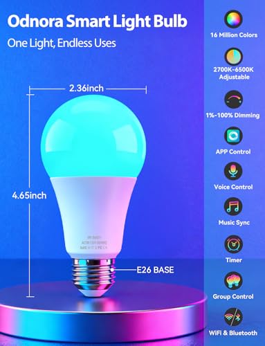 Image of Smart Light Bulbs, Work with Alexa & Google Assistant, 9W LED Light Bulbs Color Changing RGBTW Dimmable, 2.4GHz WiFi Bluetooth Smart Bulb 60W Equivalent, APP Control, A19, E26, 800LM, 2 Packs