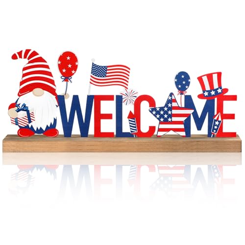 MiniInflat Patriotic/ 4th of July Metal Sign Rustic Table Decor Holiday Tiered Tray Decor with Wooden Base Freestanding Metal Word Sign for Home Tabletop Centerpiece Mantel Shelf Fireplace