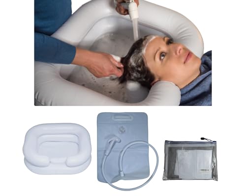 Lavabo gonflable pour les cheveux avec coussin intégré, réservoir d'eau, douchette. Bac à shampoing/lave-tête domicile pour personne alitée, handicapée...