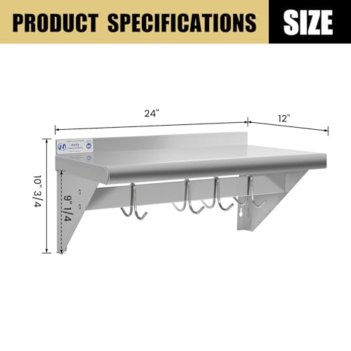 Image of Hally Stainless Steel Shelf with 4 Hooks 12 inch x 24 inch Wall Mounted Pot Rack, NSF Commercial Floating Shelving for Storage Hanging Pots, Pans, cookware in Restaurant, Kitchen, Home and Hotel