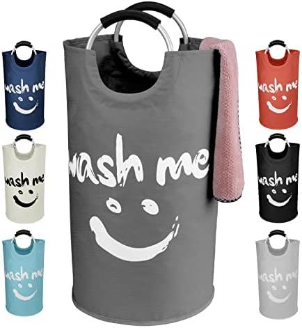 IHOMAGIC 91L Collapsible Laundry Bin Independent Fabric Laundry Hamper with Comfortable Handle Laundry Washing Bin with Smiley Pattern Clothes Organizer for Home, Travel 15x15x28.3 in (Navy Blue)