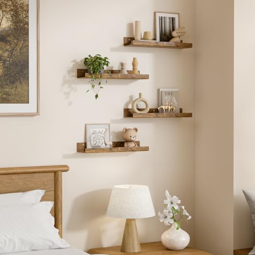 Image of upsimples 4 Pcs 15 inch Acrylic Shelves for Wall Decor and Display, Rustic Wood | Cute Floating Shelf for Perfume, Skincare, Nail Polish, Wall Organizer for Bedroom, Living Room, Playroom, Room Decor