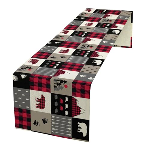 FengMingRui Vintage Rustic Table Rustic Cabin Red Brown Bear Retro Wildlife Farmhouse Theme for Kitchen Dining Room Holiday Party Family Gatherings Decor 13x70in