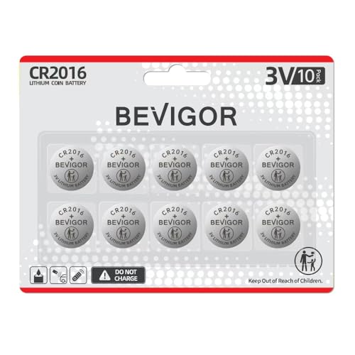 Bevigor 2016 Batterie kompatibel mit medizinischen und Fitnessgeräten CR2016 Lithium 3V Münze Batterie für Kindersicherheit Auto Fernbedienung passend für Schlüsselanhänger Uhr und mehr (CR2016-10)