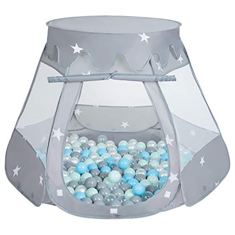 Selonis Play Tent 105X90cm/100 Balls Castle House Pop Up Ballpit Plastic Balls For Kids, Grey:Pearl-Grey-Transparent-Babyblue-Mint Cover