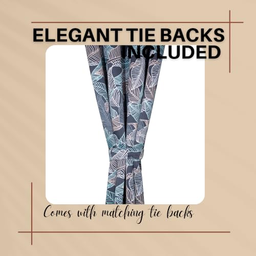 Image of Leaf Printed True Blackout Semi Long Door Curtains 8 Feet Set of 1 | Heavy Room Darkening Thermal Insulated Eyelet Parda for Living Room & Bedroom | Curtains with Tie Back (121x243cm, Black)