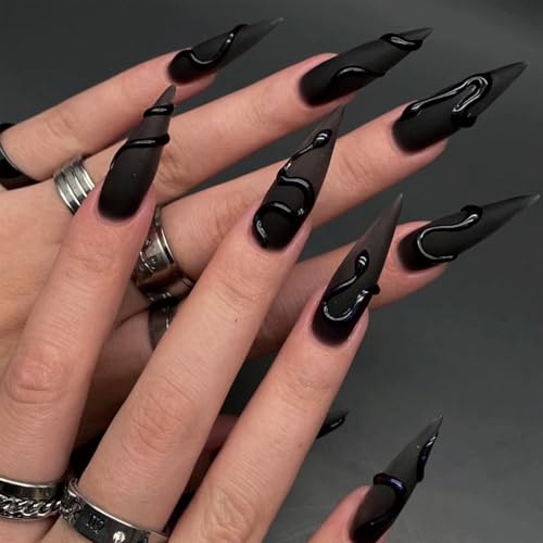 SINHOT Stiletto Press on Nails Long Fake Nails Matte Glue on Nails Gothic Snake Acrylic Nail Almond Artificial Nail Goth Black Stick on False Nail with Design 24pcs
