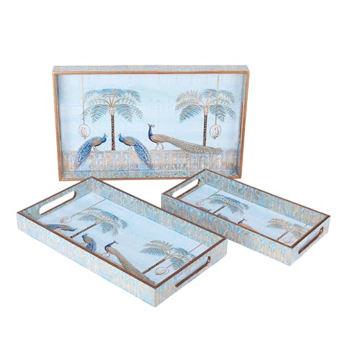 Image of Rectangular Wooden MDF Serving Trays Set of 3 (16x10, 14x8, 12x6 Inches) - Enamelled Finish with Easy-Grip Handles, Perfect for Dining, Tea, Snacks & Home Decor (Blue Peacock)