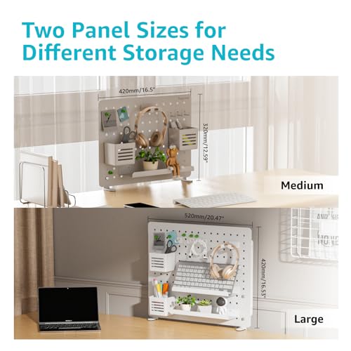 Image of PEGZONE Clamp on Desk Pegboard, 16.5 inch x 12.6 inch, with 10 Accessories, White | Magnetic Metal Peg Board, Desk Organizer for Office Gaming Home, Privacy Panel, Medium