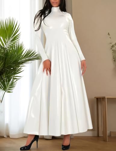 Women's Elegant PU Faux Leather Dress Long Sleeve A-Line Chic Party Wedding Formal Dresses Fashion Highneck Design4