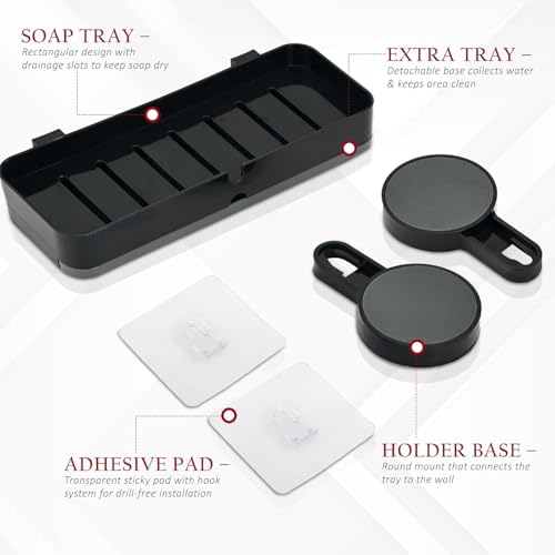 Image of Plastic Self-Adhesive Soap Holder for Bathroom with Removable Drain Tray | Wall Mount No Drill Stickable Long Soap Stand for Kitchen Sink | Black