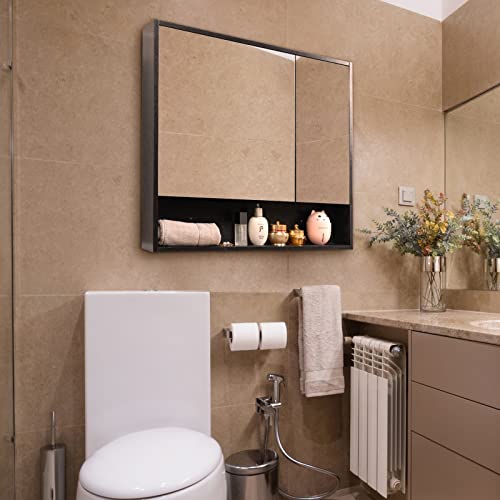 HollyHOME Armario de baño con espejo con estante, 78 cm de ancho, doble puerta de espejo, armario de almacenamiento para inodoro, montado en la pared, color negro - imagen 9