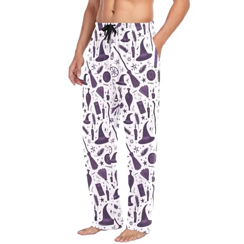 Men's Halloween Witch Pajama Pants with Pockets - Straight Fit Cotton Sleep Bottoms for Lounge & Nightwear#5994