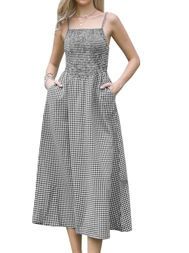 Allegra K Damen Gingham Maxikleid für Sommer Spaghettiträger A-Linie Fließendes Kariertes Gerafftes Kleid Schwarz M