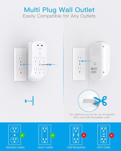 2 Pack 6-Outlet Wall Surge Protector, Multi Plug Outlet Extender, Outlet Wall Mount Adapter with 2 USB Charging Ports 2.4 A, 490 Joules for Home, School, Office image 4