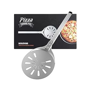 Draaibare professionele pizzaschep, van hard geanodiseerd aluminium, geperforeerd metaal, kort, klein, rond, broodschep, voor zelfgemaakte pizza‘s en broden, 20 cm
