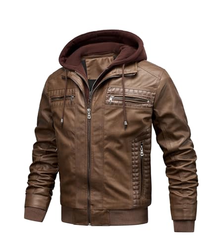 Image of INVACHI Men's Faux Leather Motorcycle Bomber Jacket with Removable Hood