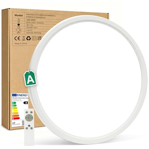 Bowfar LED Deckenleuchte Effizienzklasse A, 24W 5280LM Deckenlampe Dimmbar 3000K-6500K, IP54 Ultra Dünn Badezimmer Lampe mit Fernbedienung für Wohnzimmer Küche Balkon Büro Schlafzimmer Ø60*2.5CM Bowfar LED Deckenleuchte Effizienzklasse A, 24W 5280LM Deckenlampe Dimmbar 3000K-6500K, IP54 Ultra Dünn Badezimmer Lampe mit Fernbedienung für Wohnzimmer Küche Balkon Büro Schlafzimmer Ø60*2.5CM