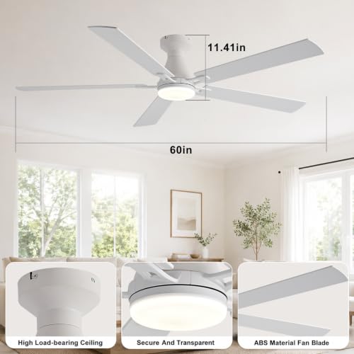 Image of Depuley Modern Ceiling Fan with Light: 60-Inch White Flush Mount Fandelier | Bedroom Indoor Outdoor Use, 5 Reversible Wood Blades, 6 Fan Speeds, Timing Function, Dimmable 3CCT, Remote Control Included